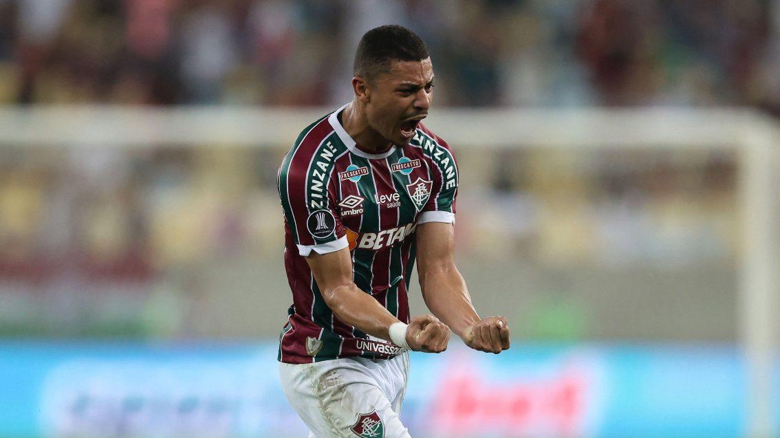 Andre Trindade of Fluminense, celebrates after scoring the first goal of his team during the match between Fluminense and Olimpia for the 1st leg of quarterfinals of Copa Conmebol Libertadores 2023