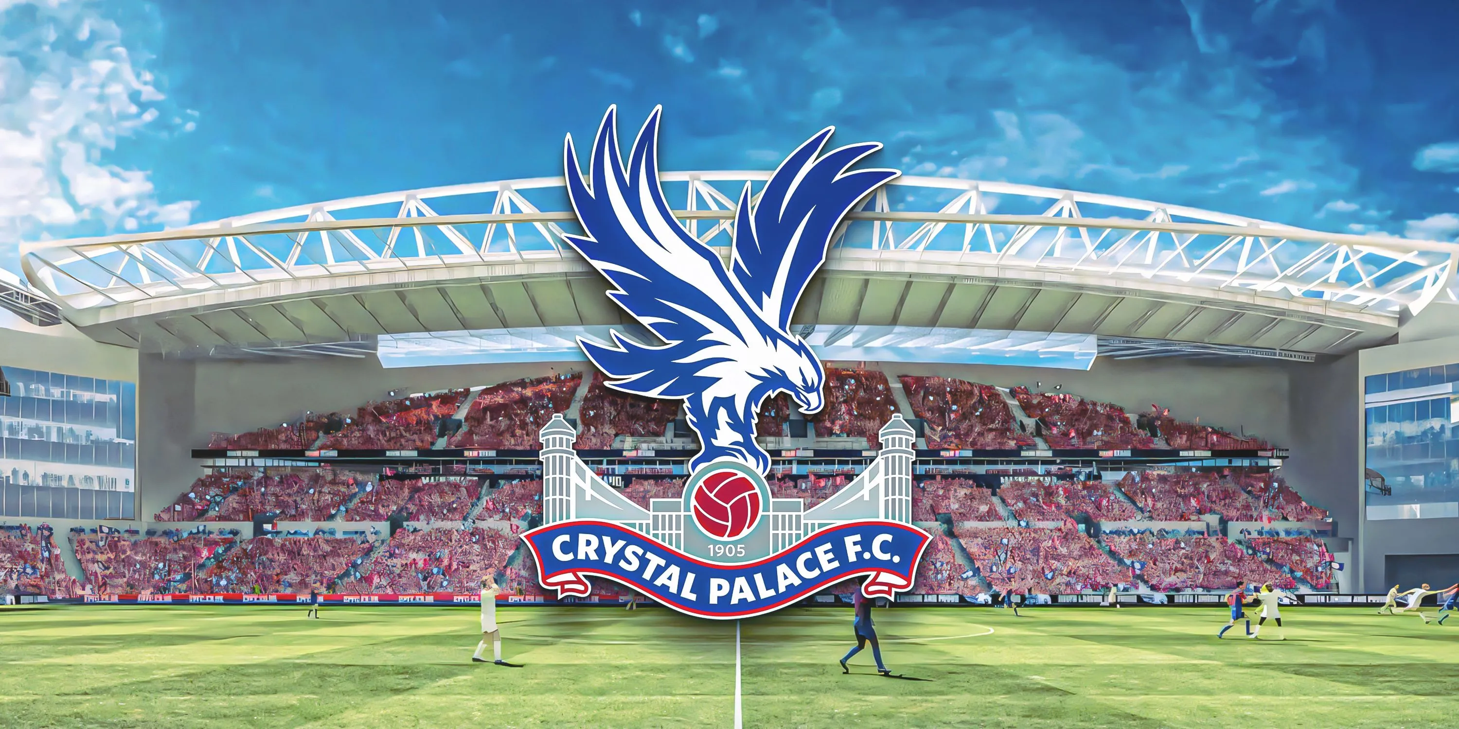 Hình ảnh phối cảnh khán đài chính mới tại sân Selhurst Park của Crystal Palace, có huy hiệu câu lạc bộ.