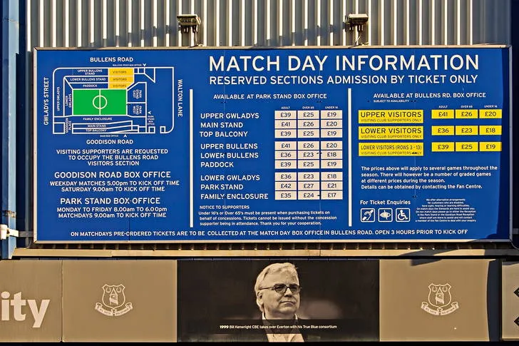 Bảng thông tin ngày thi đấu tại sân Goodison Park.