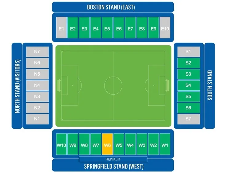 Sơ đồ bố trí các khán đài và lối vào tại Sân vận động Brick Community của Wigan Athletic