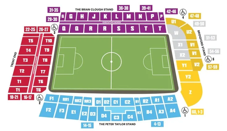 Sơ đồ bố trí chỗ ngồi chi tiết tại sân The City Ground