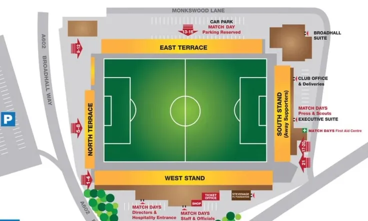 Sơ đồ bố trí chỗ ngồi và các khán đài tại Lamex Stadium (Broadhall Way), giúp người hâm mộ dễ dàng định vị.