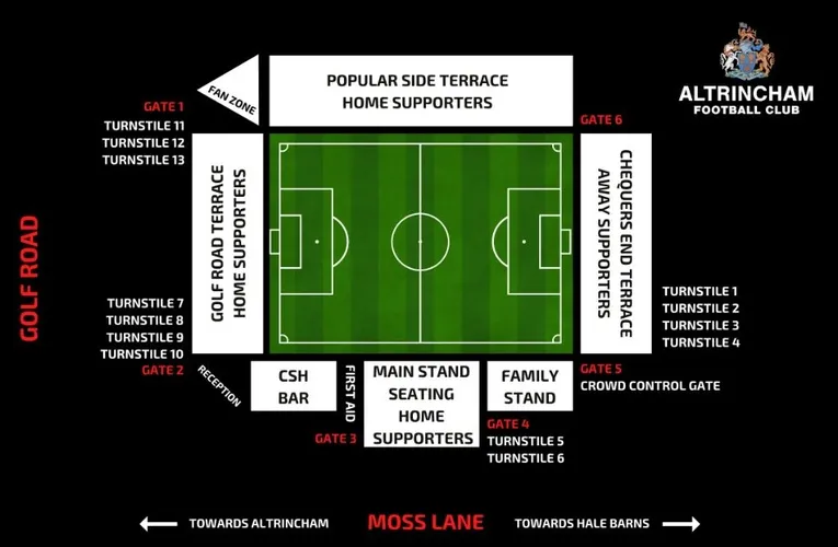 Sơ đồ bố trí chỗ ngồi và các khán đài tại sân vận động J Davidson của Altrincham FC