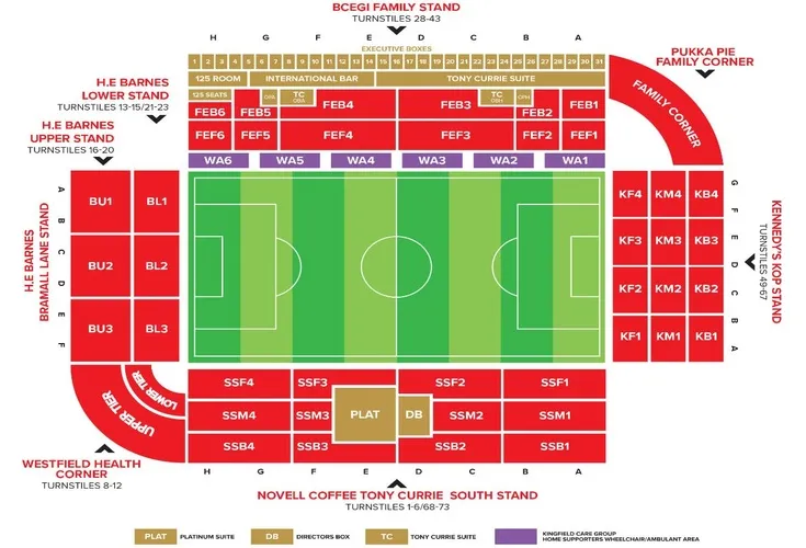 Sơ đồ chi tiết các khán đài và khu vực chỗ ngồi tại sân vận động Bramall Lane