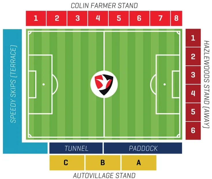 Sơ đồ chi tiết các khán đài và khu vực chỗ ngồi tại sân vận động Whaddon Road của Cheltenham Town FC