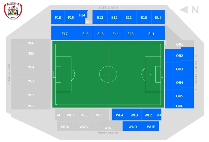 Sơ đồ chi tiết các khán đài và vị trí chỗ ngồi tại Sân vận động Oakwell