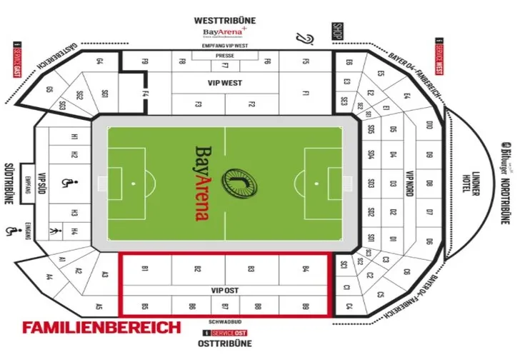 Sơ đồ chi tiết các khu vực khán đài và chỗ ngồi tại sân BayArena.