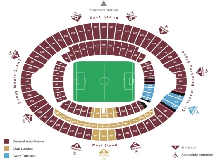 Sơ đồ chỗ ngồi chi tiết của London Stadium, hướng dẫn vị trí các khán đài chính