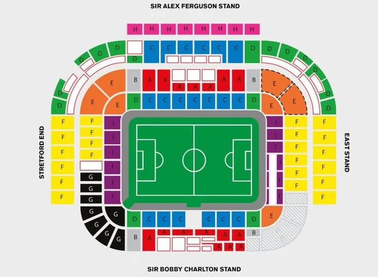 Sơ đồ chỗ ngồi chi tiết của sân vận động Old Trafford, giúp định vị các khán đài