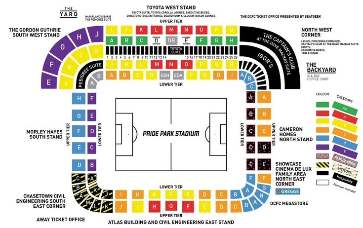 Sơ đồ chỗ ngồi chi tiết của sân vận động Pride Park, hiển thị các khán đài và khu vực