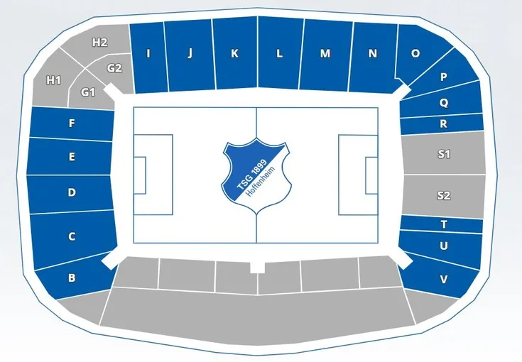 Sơ đồ chỗ ngồi chi tiết của sân vận động Rhein-Neckar-Arena.