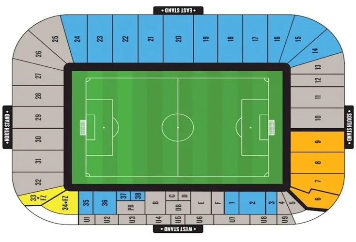 Sơ đồ chỗ ngồi chi tiết sân vận động Coventry Building Society Arena, chỉ rõ các khán đài.