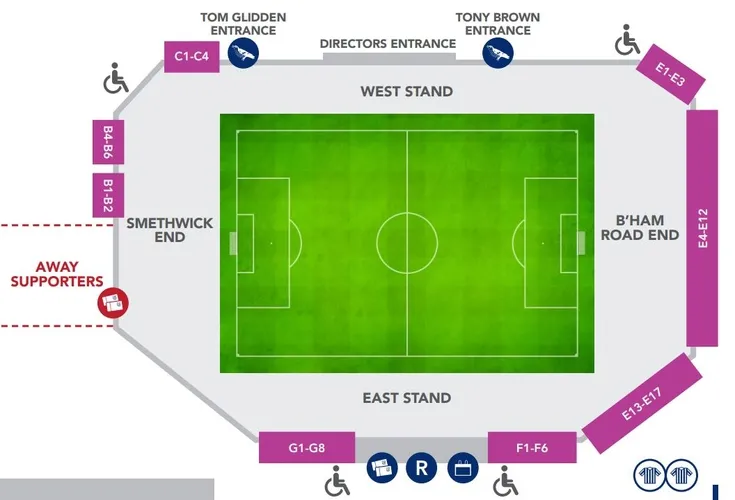 Sơ đồ chỗ ngồi chi tiết sân vận động The Hawthorns, phân chia các khán đài chính