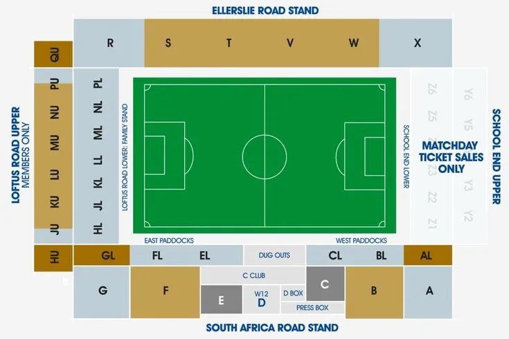 Sơ đồ chỗ ngồi chi tiết tại sân vận động Loftus Road, hướng dẫn vị trí các khán đài và khu vực khác.