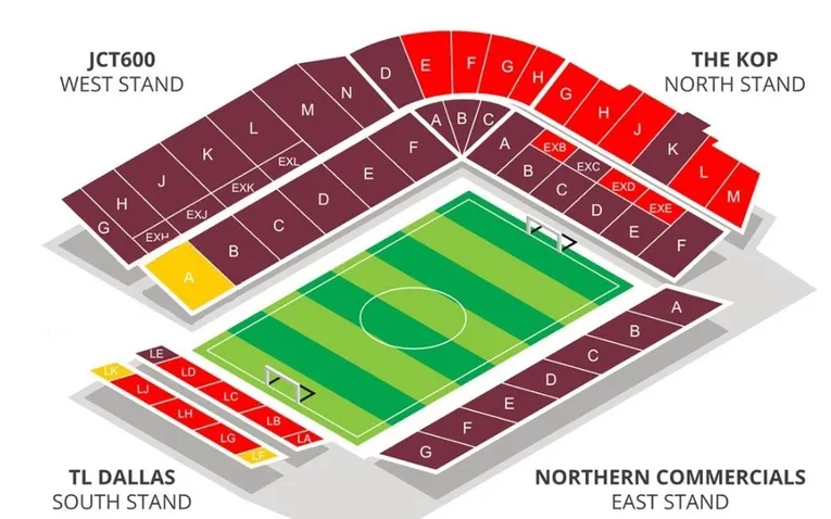 Sơ đồ chỗ ngồi sân vận động Valley Parade, chi tiết các khán đài và khu vực dành cho người hâm mộ của Bradford City