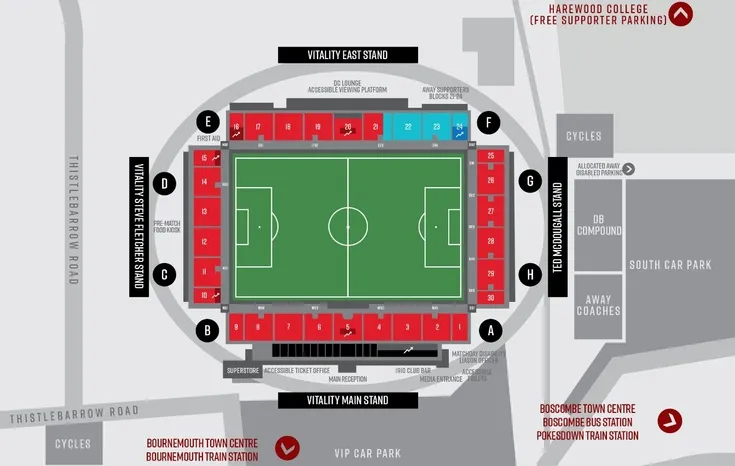 Sơ đồ chỗ ngồi sân Vitality Stadium chi tiết
