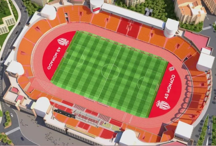 Sơ đồ tổng thể chỗ ngồi của sân vận động Stade Louis II, minh họa bố cục khán đài và khu vực sân cỏ.