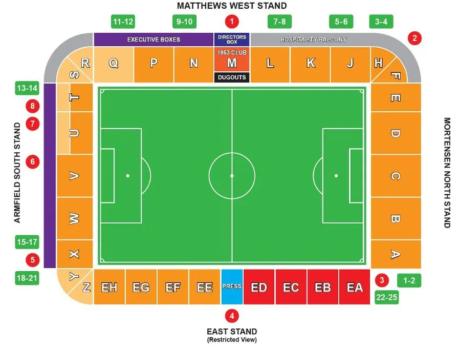 Sơ đồ tổng thể sân vận động Bloomfield Road, minh họa các khán đài và khu vực chỗ ngồi