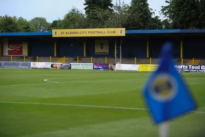 Toàn cảnh sân vận động Clarence Park của St Albans City FC nhìn từ bên ngoài, với cây xanh đặc trưng của công viên Victorian bao quanh