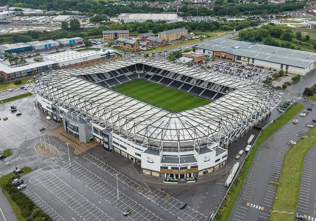 Toàn cảnh sân vận động Pride Park từ trên cao với kiến trúc hiện đại và các khu vực xung quanh