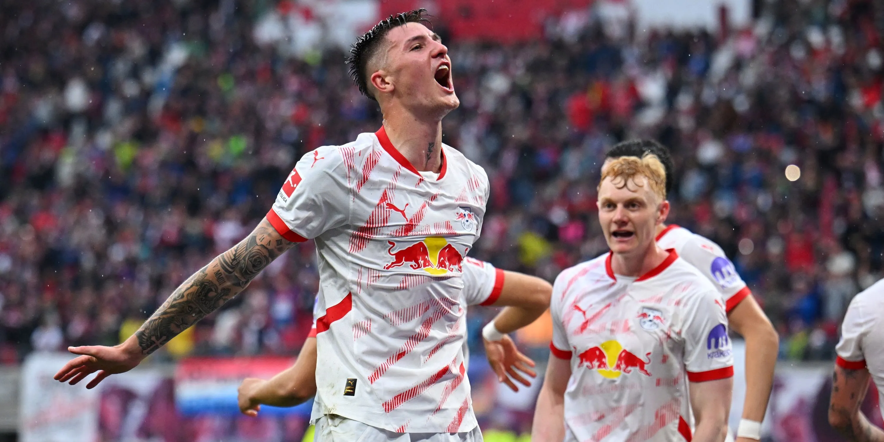 Tiền đạo Benjamin Sesko ăn mừng bàn thắng cho RB Leipzig, mục tiêu chuyển nhượng của Manchester United.
