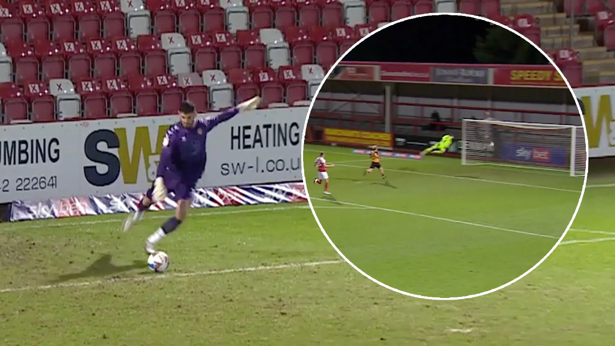 Thủ thành Tom King ghi bàn từ phát bóng lên ở quãng đường gần 96m.