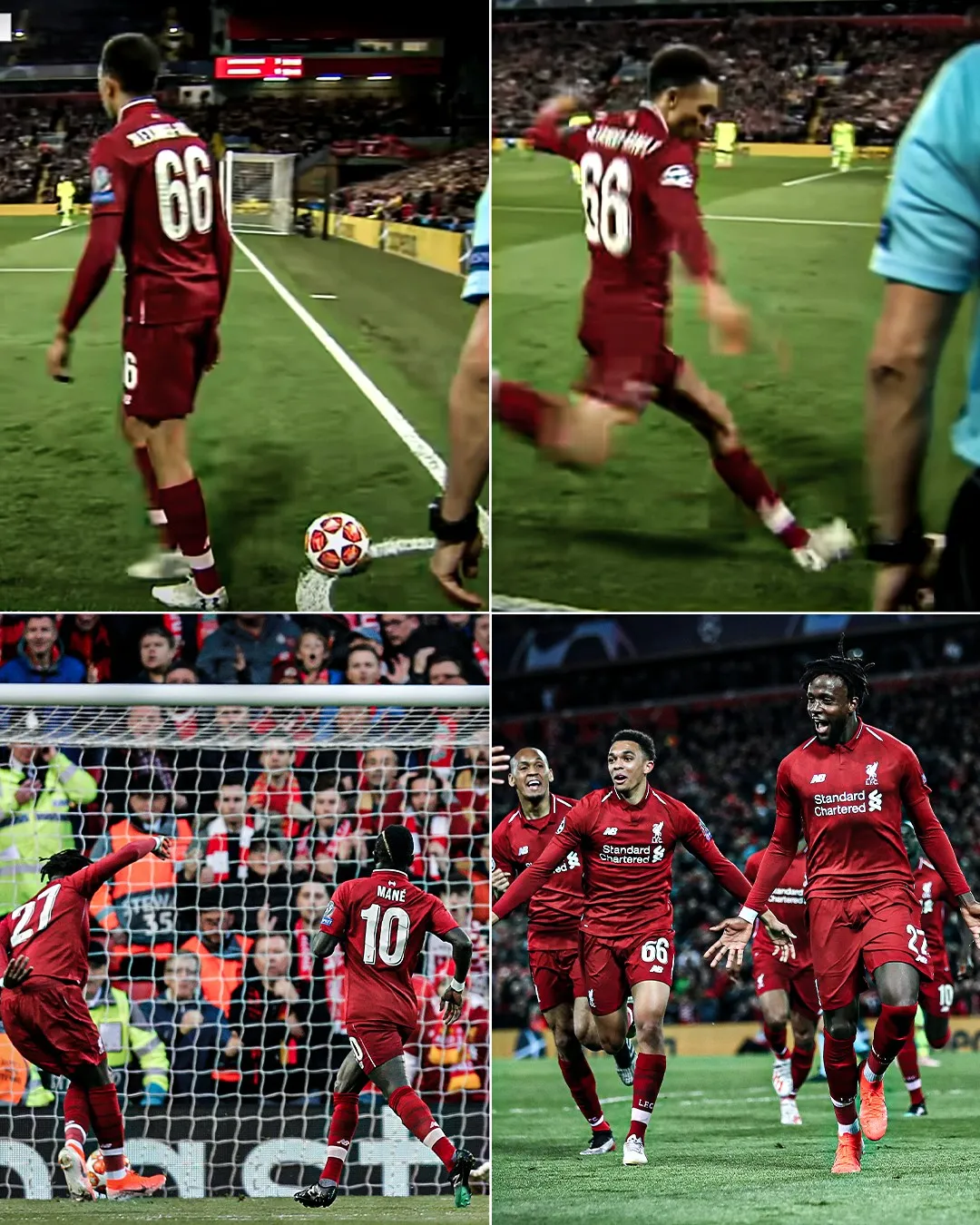 Trent Alexander-Arnold thực hiện quả phạt góc nhanh tạo điều kiện cho Divock Origi ghi bàn quyết định cho Liverpool